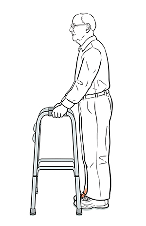 Man positioning walker ahead of feet, preparing to take step using the weight bearing technique.
