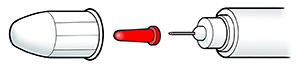 Closeup of standard injection pen tip showing outer cap, inner needle cap, and needle.