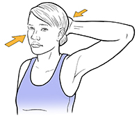 Woman holding hand to back of head doing neck isometric exercise.